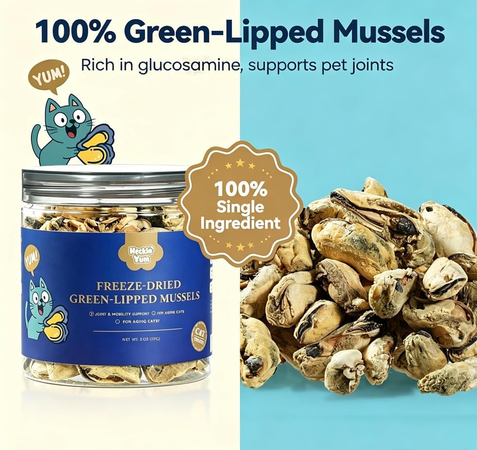 Freeze-Dried Green Lipped Mussels|Hip & Joint Support Treats for Dogs Cats|Single Ingredient|Bite-Sized & Crumble-Ready for Food Toppers - 2oz