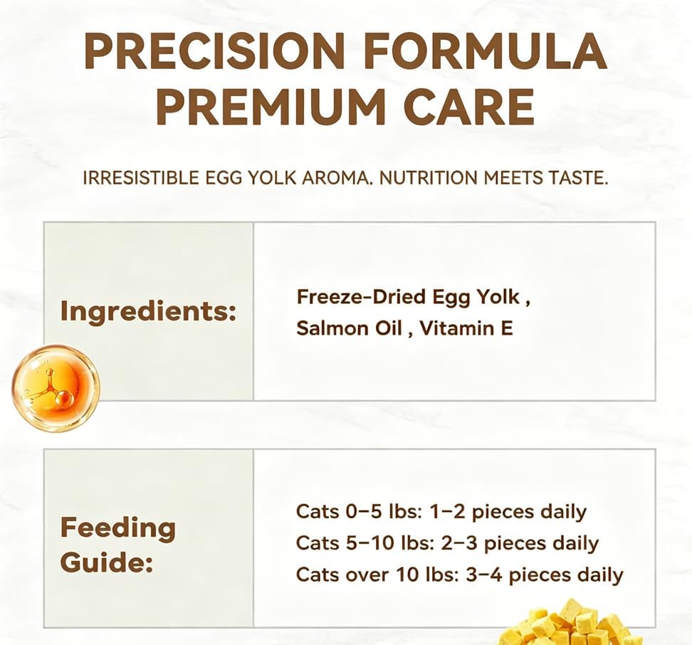 Freeze-Dried Cat Treats|Egg Yolk with Salmon Oil|Dual-Action Skin & Coat Support |Premium Food Toppers & Snacks for Cats, 3.5 oz
