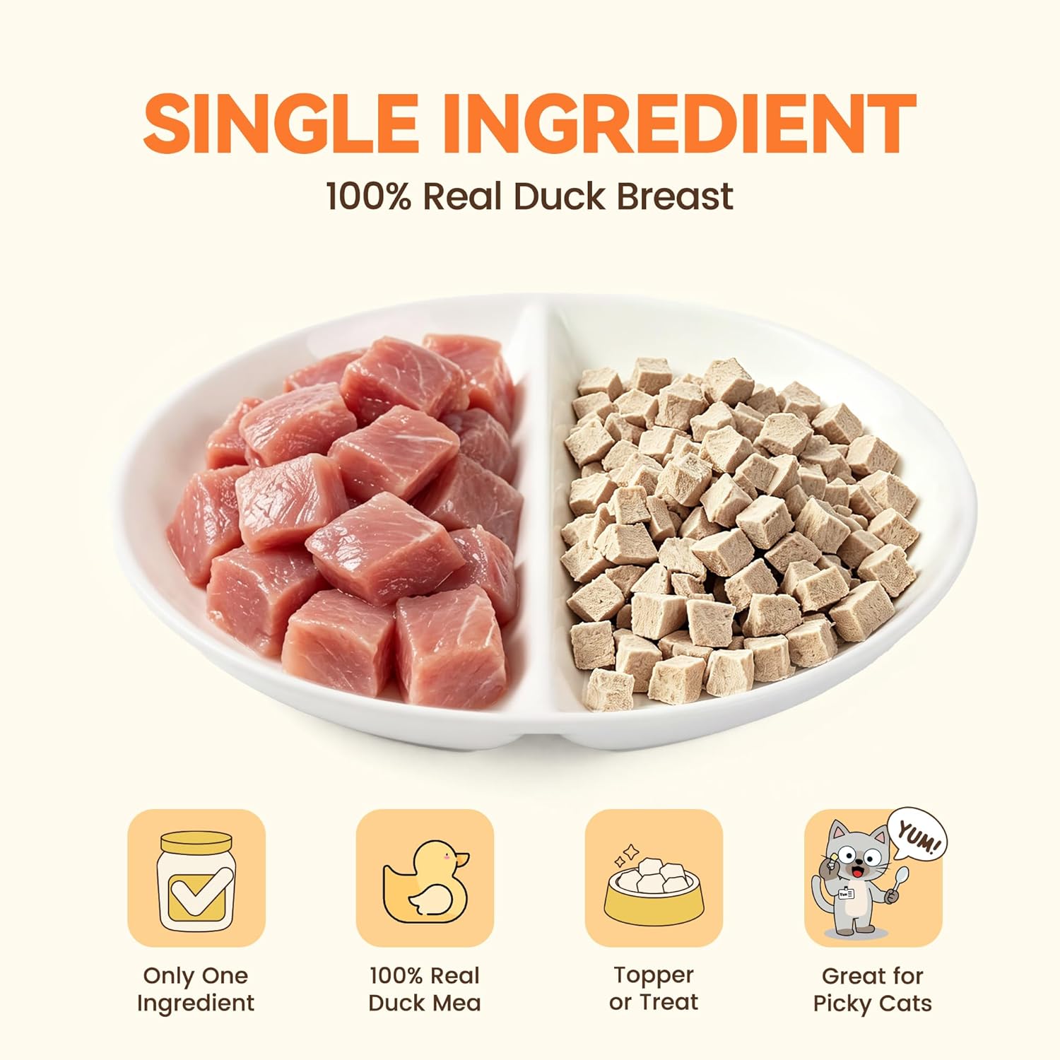 Freeze Dried Cat Treats, Single Ingredient Duck Bites Snacks for Sensitive Cats, Grain-Free Training Treats & Food Topper for Picky Cats, 1 oz
