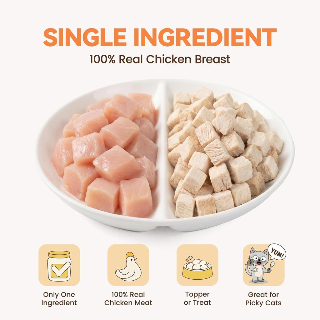 Freeze Dried Chicken Cat Treats, Single Ingredient Chicken Breast Cat Snacks, High Protein Grain-Free Food Topper for Picky Cats, 9 oz