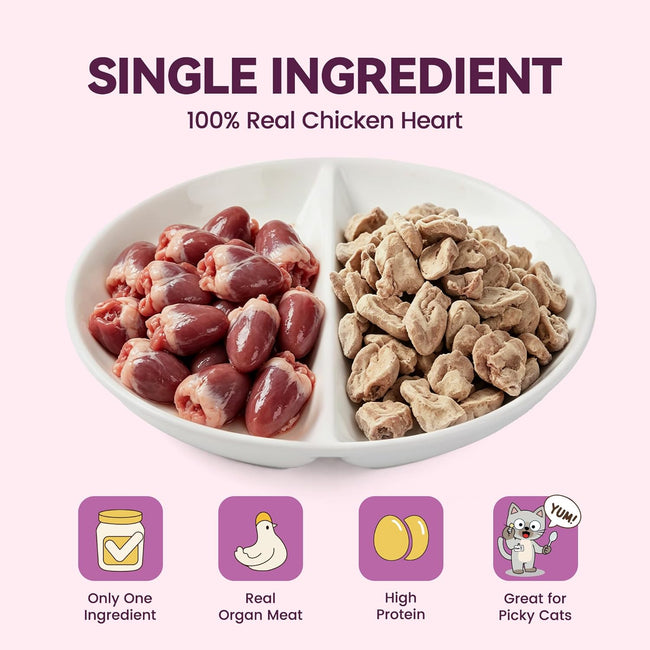 Freeze-Dried Chicken Hearts Cat|Dog Treats|Single Ingredient|High Protein Healthy Pet Food Toppers|Training Snacks,2oz Main Image
