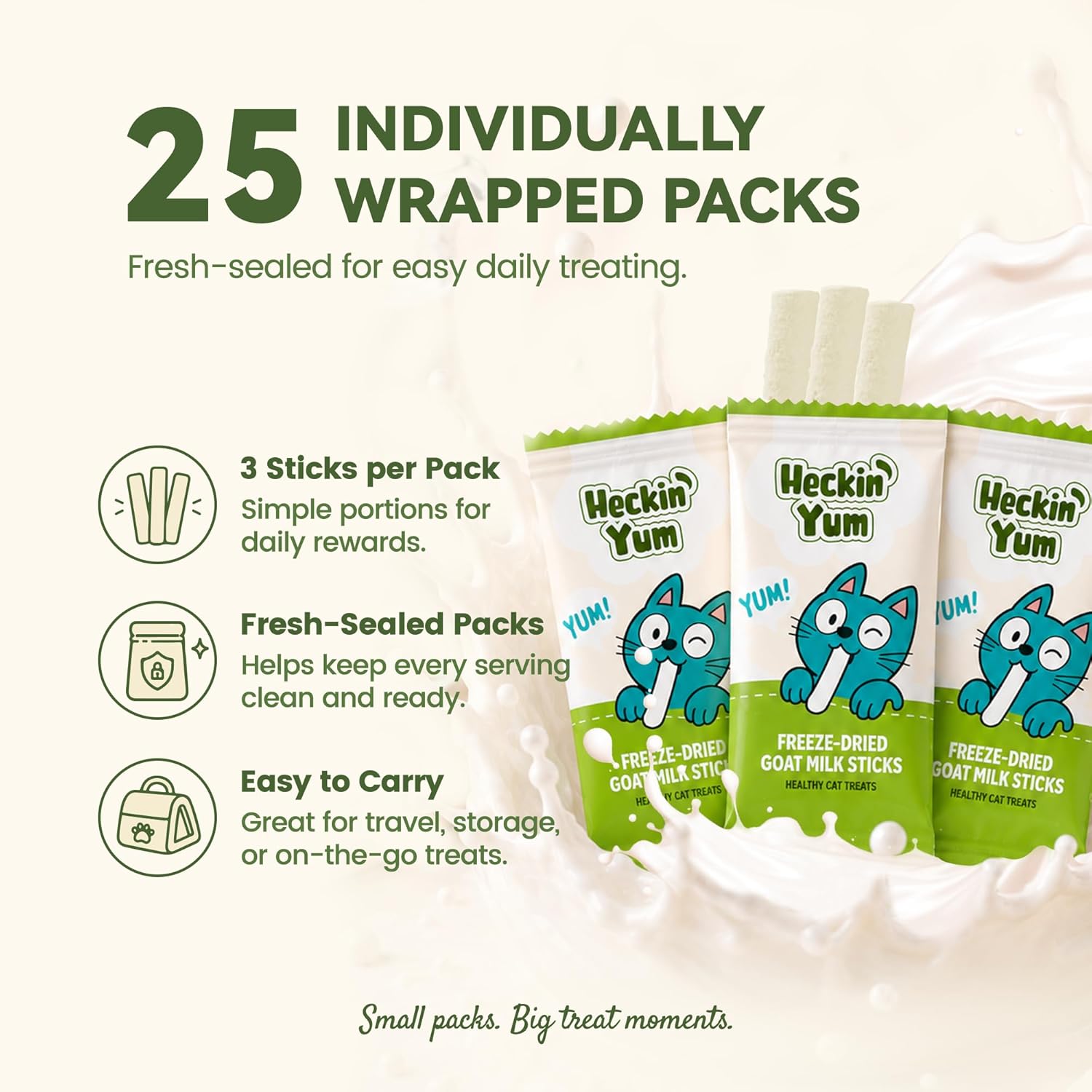 Freeze-Dried Chicken Cat Treats 25 Packs (75 Sticks),with Goat Milk & Cellulose|Gentle Digestion Formula|Rehydratable Milk for Kittens Cats Hydration