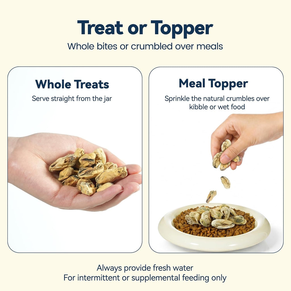 Freeze-Dried Green Lipped Mussels|Hip & Joint Support Treats for Dogs Cats|Single Ingredient|Bite-Sized & Crumble-Ready for Food Toppers - 2oz