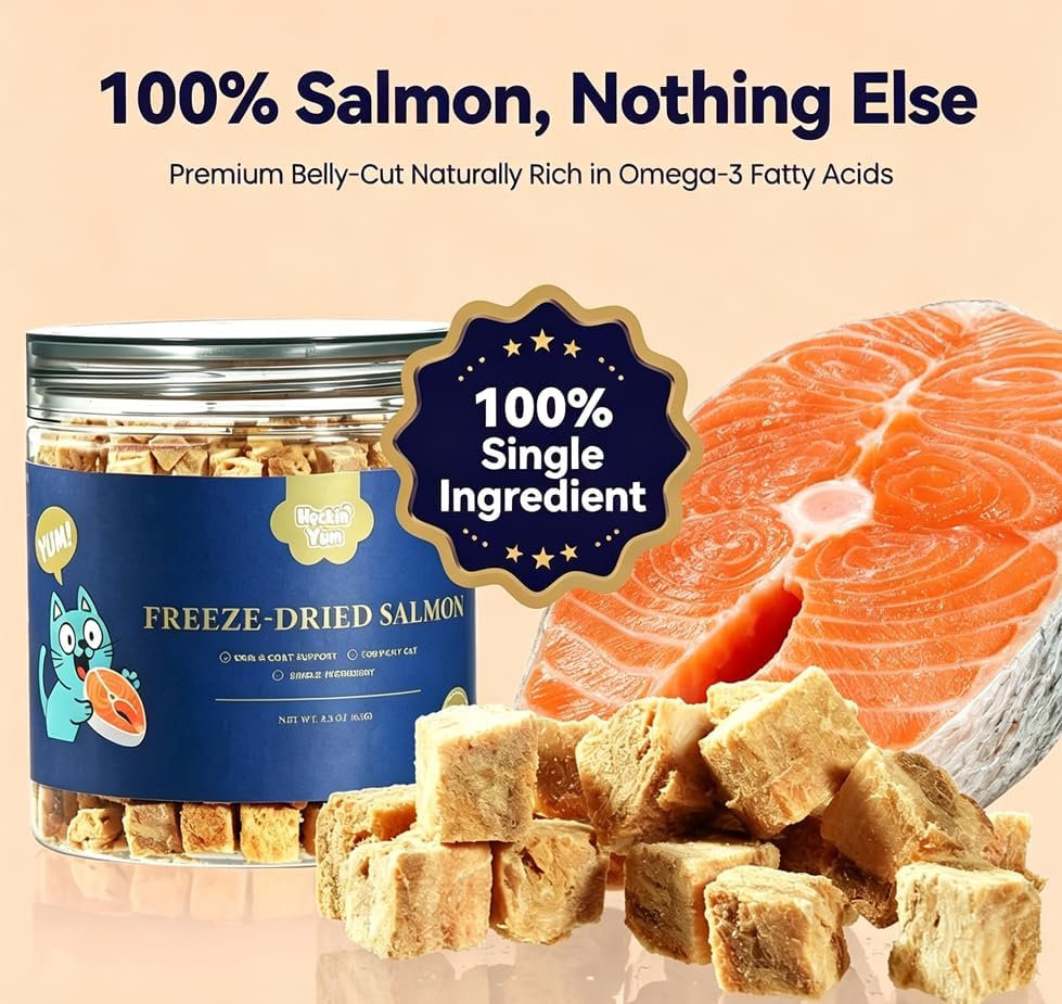 Freeze-Dried Salmon for Cats & Dogs|Skin & Coat Support Treats|Single Ingredient|Premium Belly-Cut Naturally Rich in Omega-3 Fatty Acids - 2.3oz