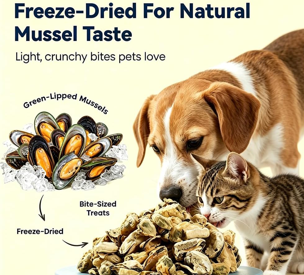 Freeze-Dried Green Lipped Mussels|Hip & Joint Support Treats for Dogs Cats|Single Ingredient|Bite-Sized & Crumble-Ready for Food Toppers - 2oz