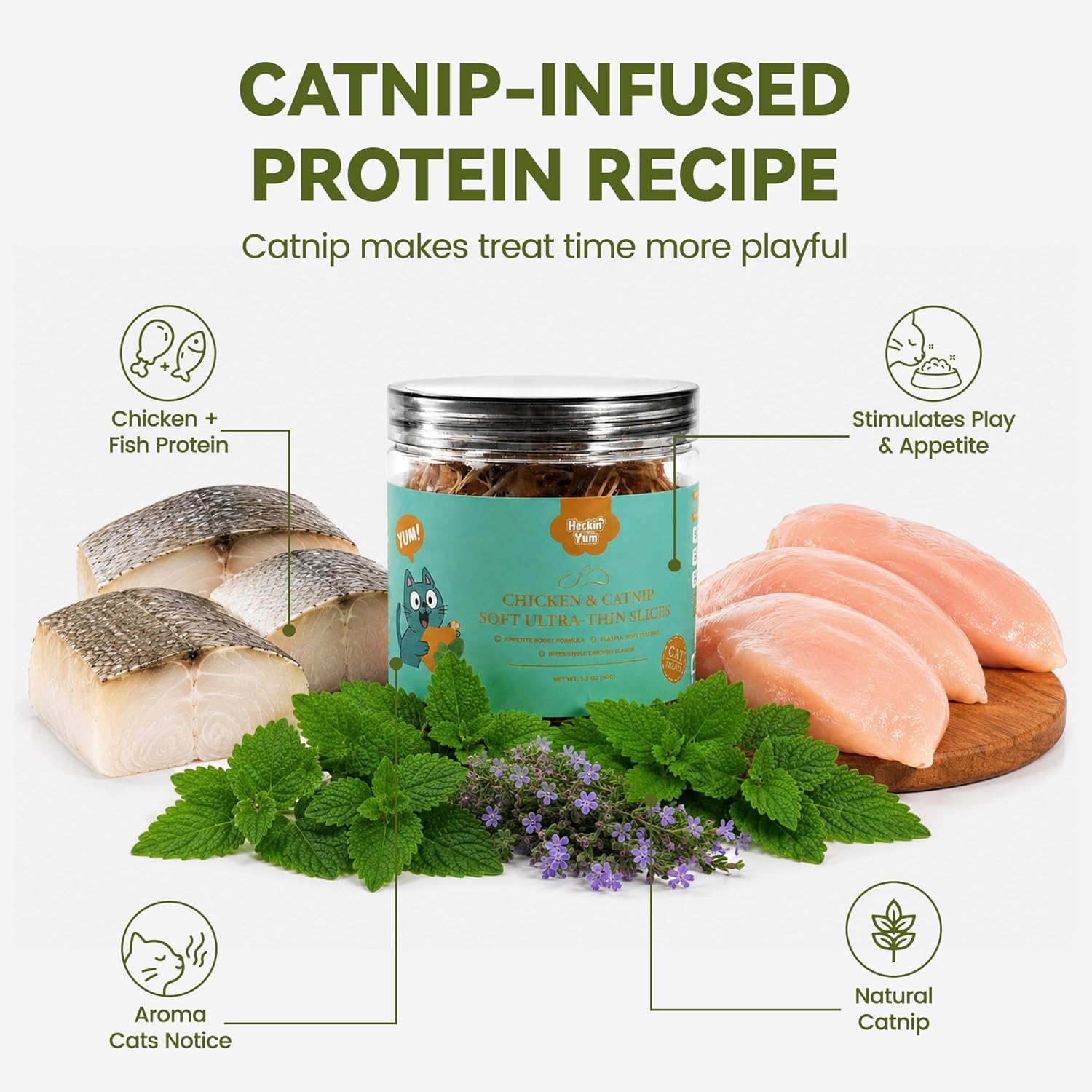 Chicken & Catnip Soft Cat Treats for Picky Cats, Ultra-Thin Easy-Chew Slices, Breakable No-Mess Cat Training & Playtime Rewards, 3.2 oz