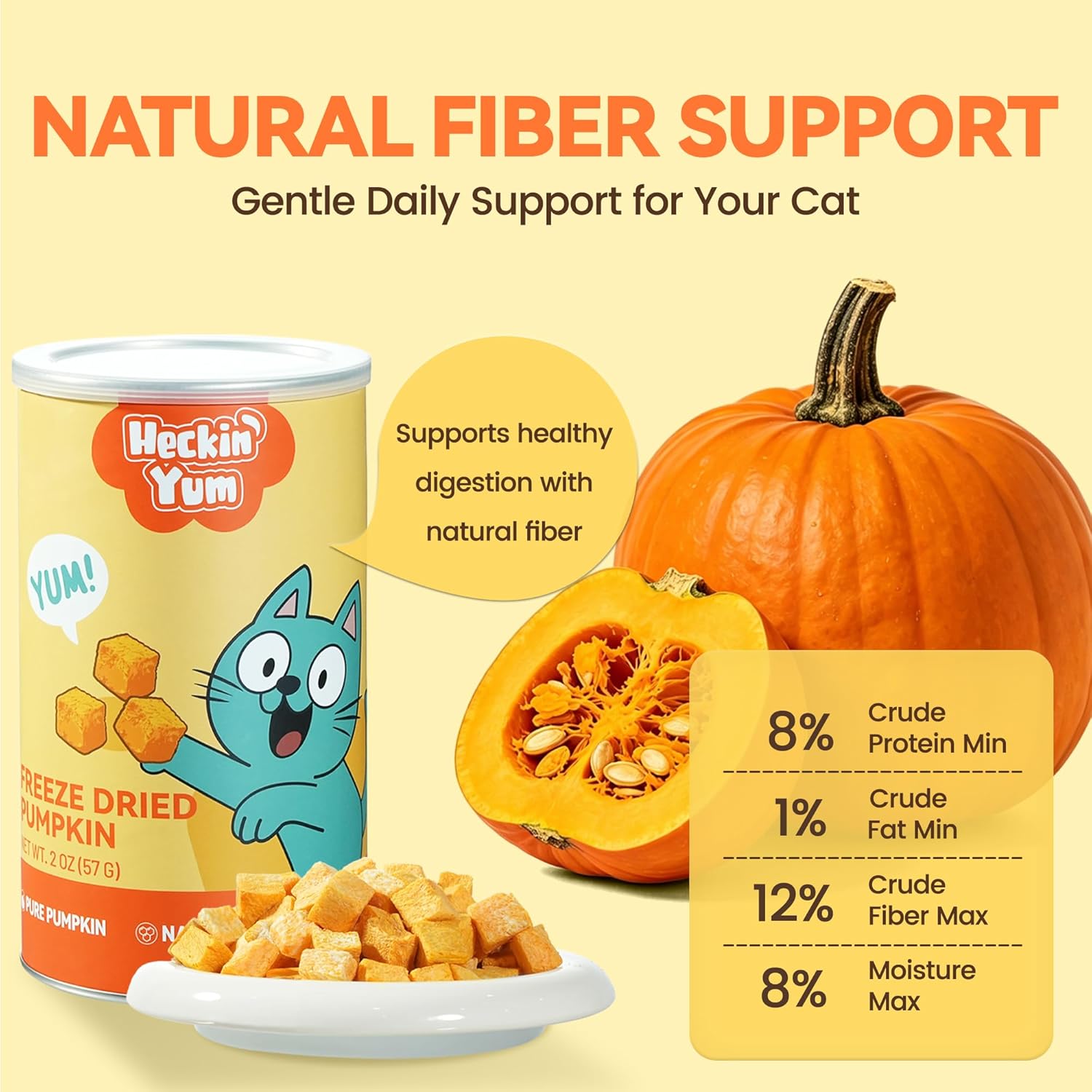 Freeze-Dried Pumpkin Cat Topper, 100% Pure Pumpkin, High Fiber for Digestion & Firm Stools, Low-Fat Single-Ingredient Treat for Indoor & Senior Cats, 2 oz