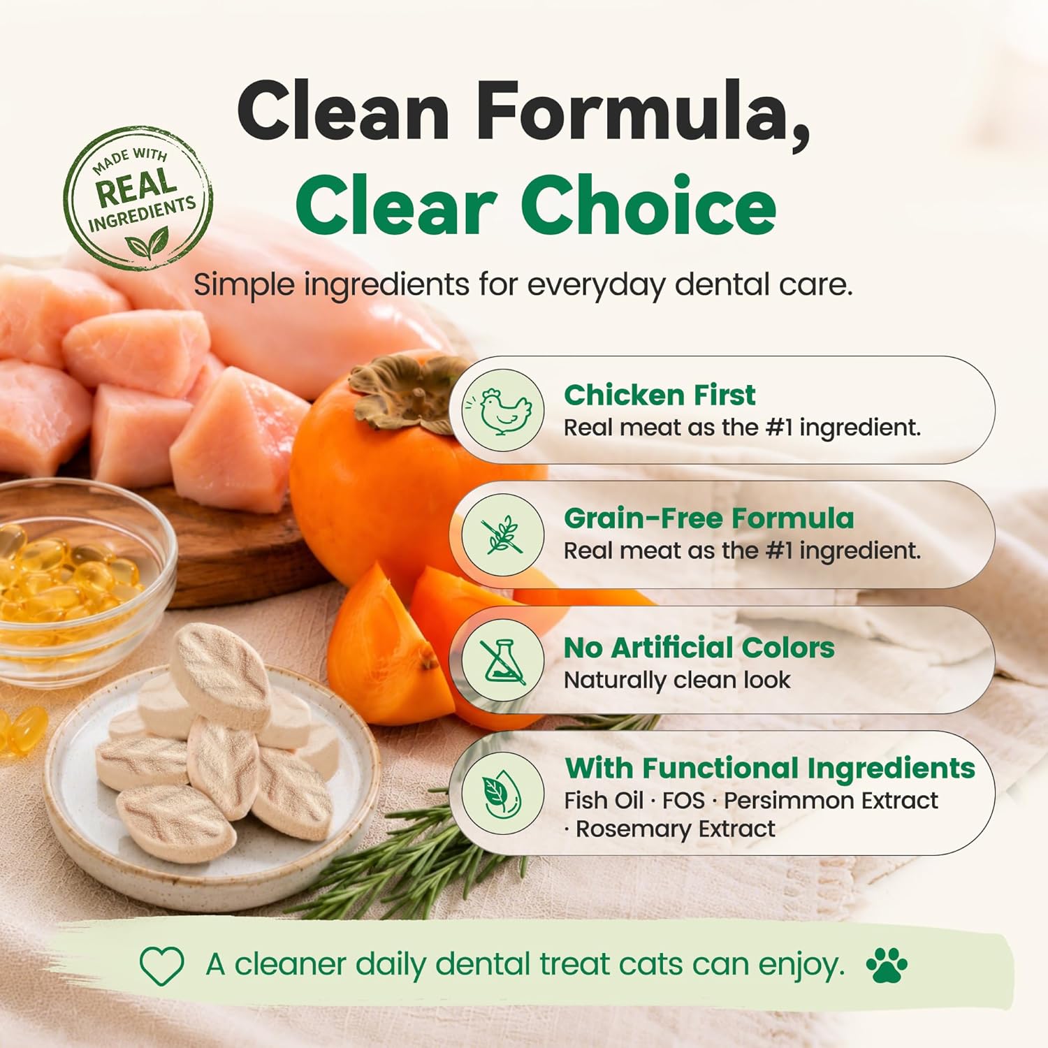 Freeze Dried Dental Cat Treats, Chicken First Crunchy Bites for Teeth Cleaning & Fresh Breath Support, Daily Oral Care Treats with FOS & Fish Oil for Cats