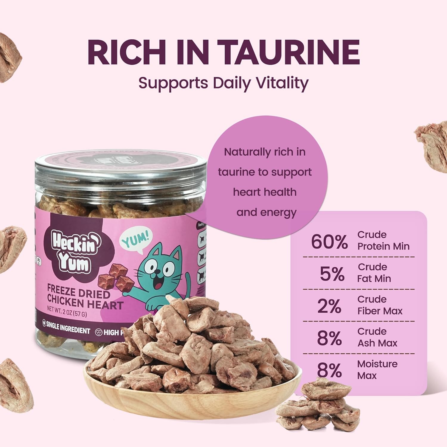 Freeze-Dried Chicken Hearts Cat|Dog Treats|Single Ingredient|High Protein Healthy Pet Food Toppers|Training Snacks,2oz