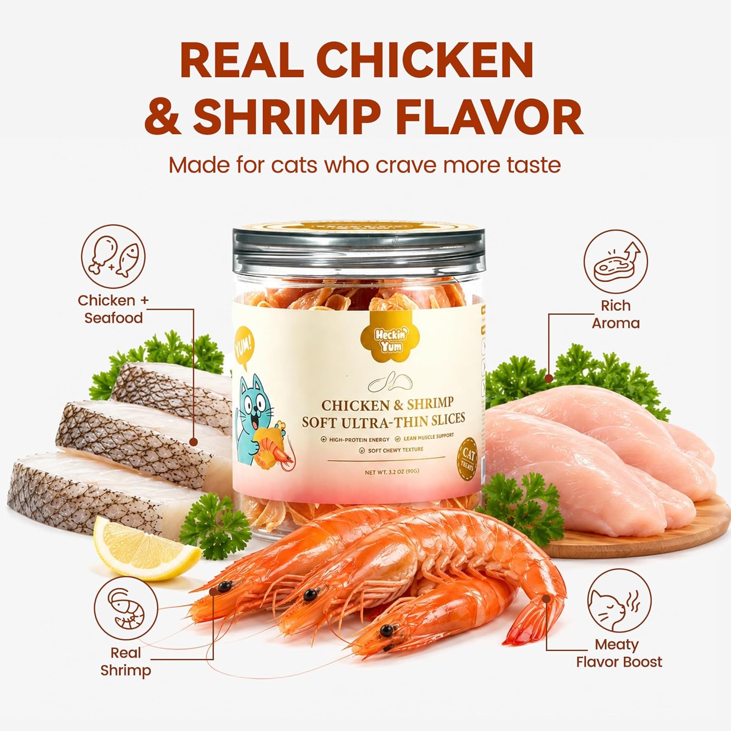 Soft Cat Treats, Chicken & Shrimp Ultra-Thin Slices, Easy-Chew Snacks for Picky Cats, Kittens & Seniors, Low-Fat Treats with Taurine, 3.2 oz
