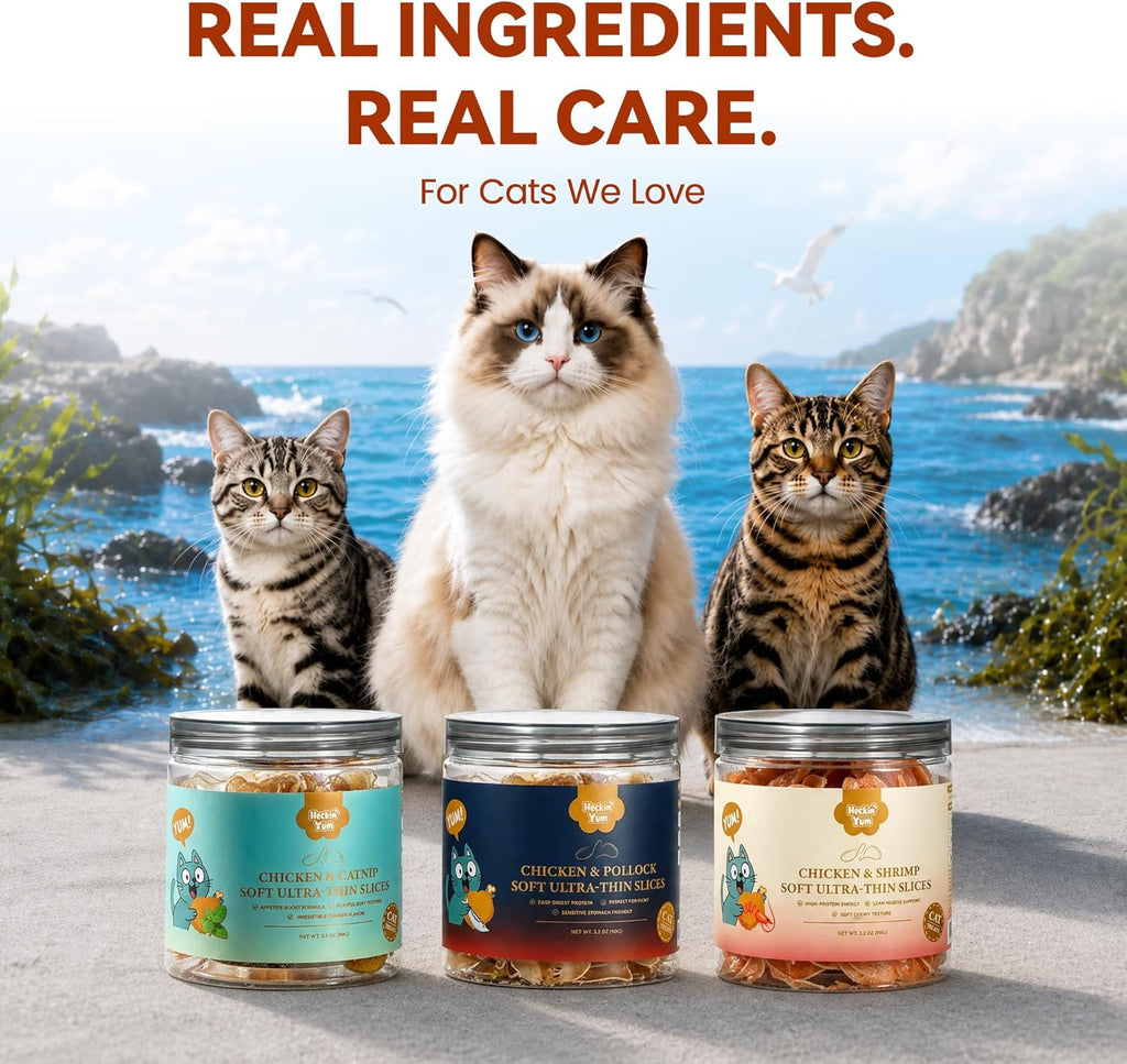 Soft Cat Treats, Chicken & Shrimp Ultra-Thin Slices, Easy-Chew Snacks for Picky Cats, Kittens & Seniors, Low-Fat Treats with Taurine, 3.2 oz