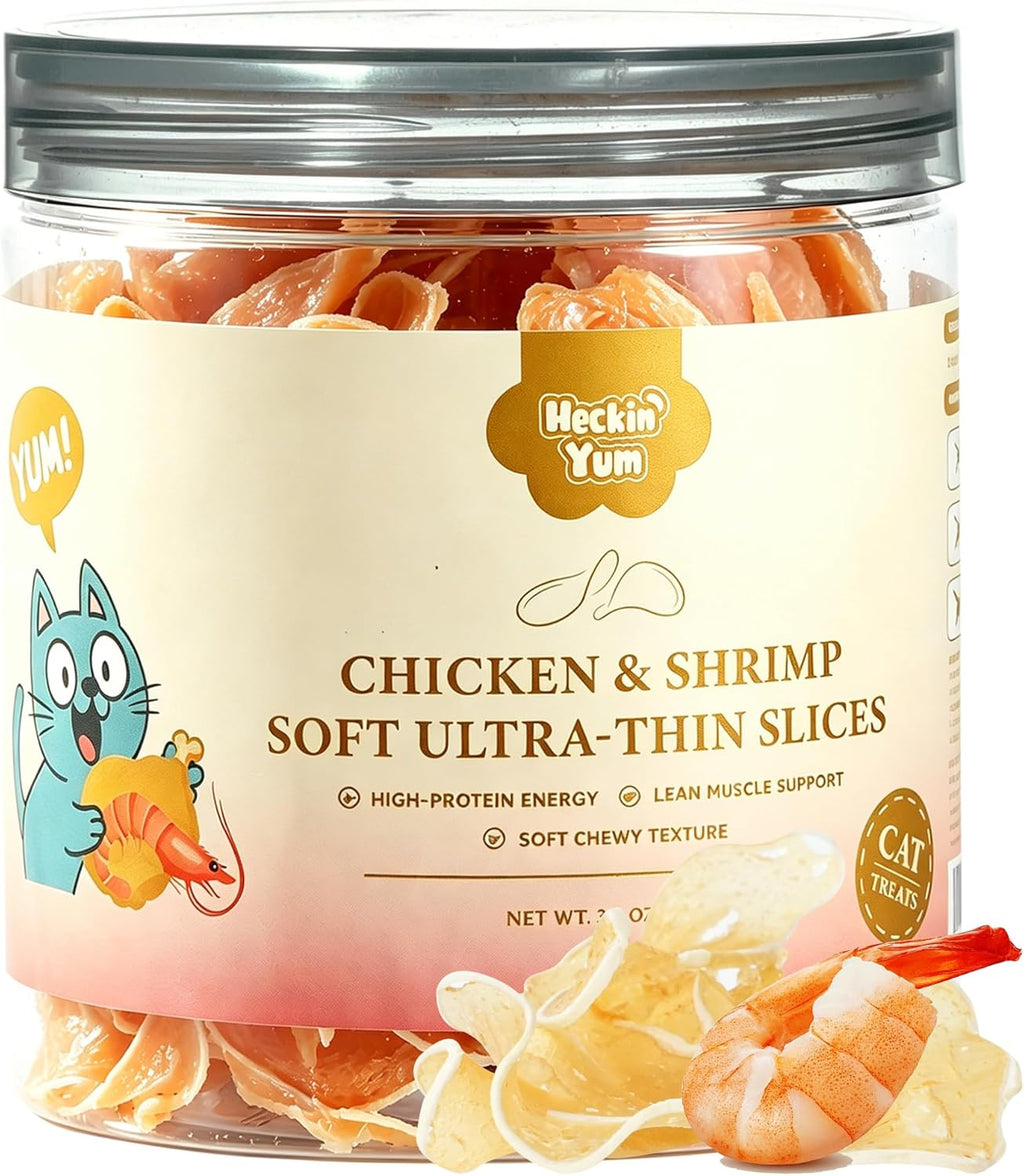 Soft Cat Treats, Chicken & Shrimp Ultra-Thin Slices, Easy-Chew Snacks for Picky Cats, Kittens & Seniors, Low-Fat Treats with Taurine, 3.2 oz
